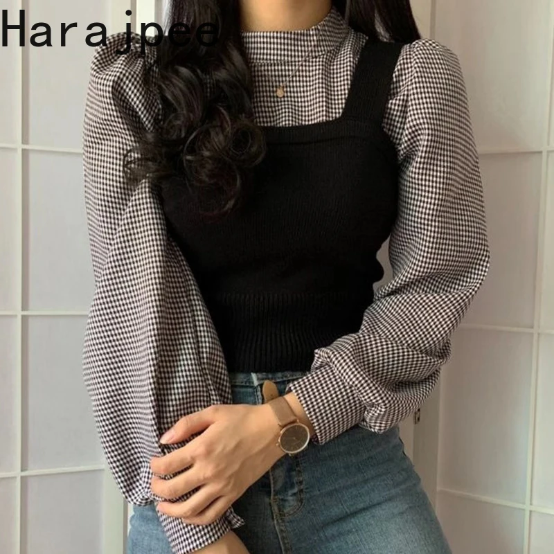 

Harajpee Half High Collar Pullover Lantern Sleeve Plaid Shirt Long Sleeve Korean Slim Knitted Vest Two Piece Suit Spring New