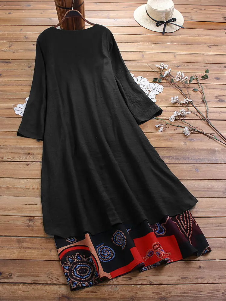 

M-5XL Plus Size Dress Women Summer Long Sleeve Vintage Printing Patchwork Elegant Dress Cotton And Linen Maxi Long Dresses