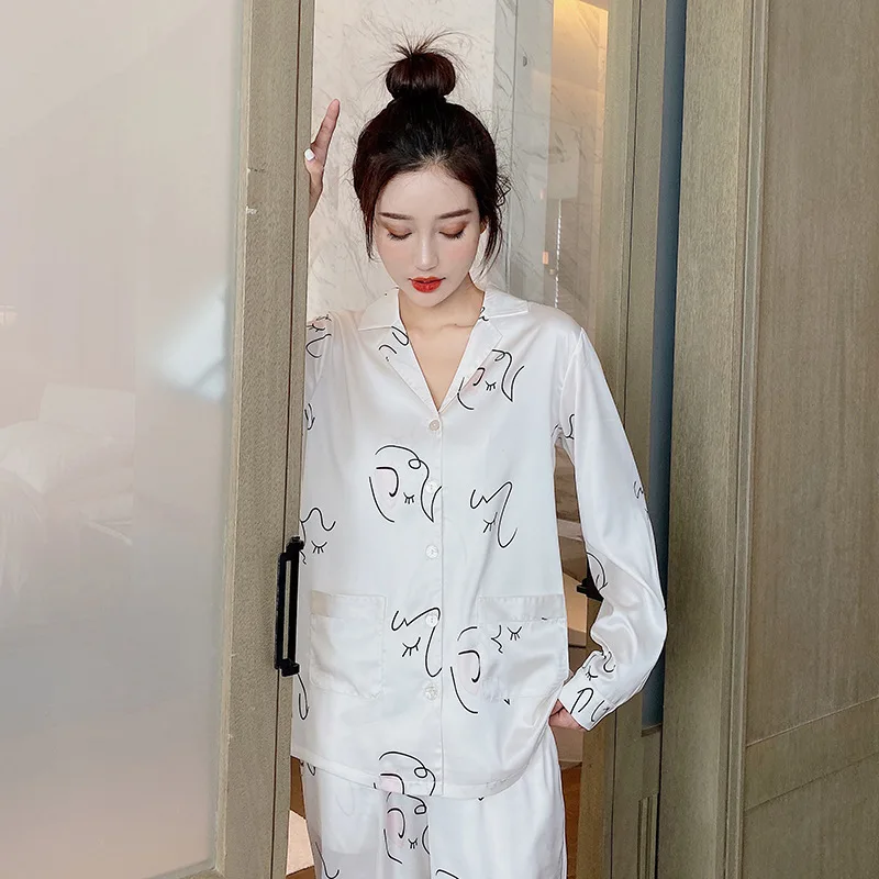 

New Korea Sweet women pajamas sets satin silk noble home sleepwear women sexy simple white fashion long sleeve pyjamas women