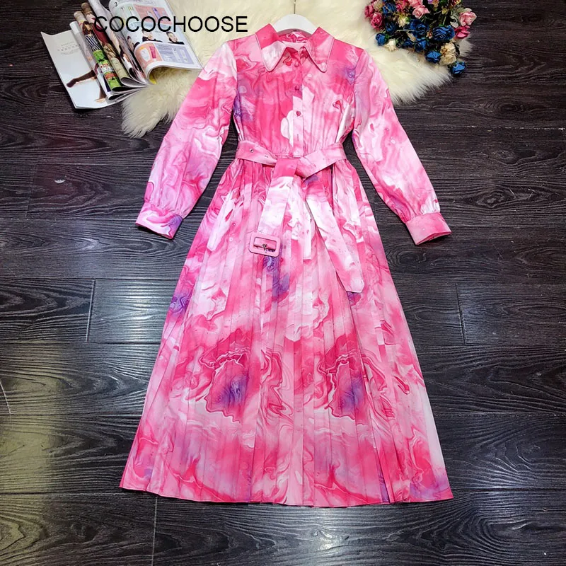 

Женское платье с отложным воротником, розовое Плиссированное элегантное пляжное платье средней длины с длинным рукавом и приталенной тали...