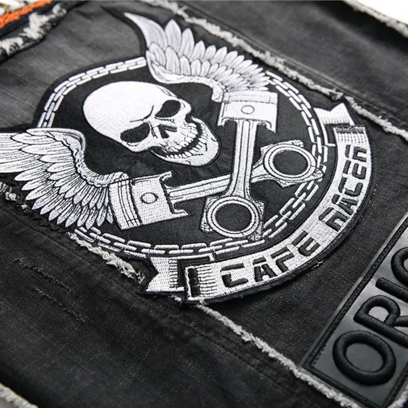 

Denim vest men spring autumn punk print raw edge slim-fit embroidered skull stud trendy black badge motorcycle long-sleeved top