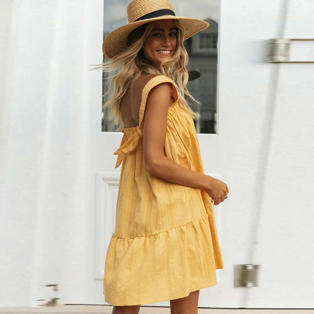 

WildPinky 2021 Boho Women Summer Solid Color Beach Dress Tie Up Sleeveless A Line Mini Dress Holiday Ladies Casual Vestidos