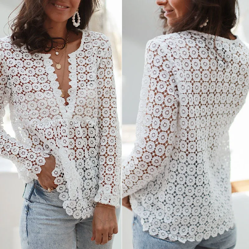 

Sexy V Neck Hollow Out Women Blosue Elegant Embroidery Lace Pullover Top Autumn Fashion See Through Solid Shirt Streetwear Blusa