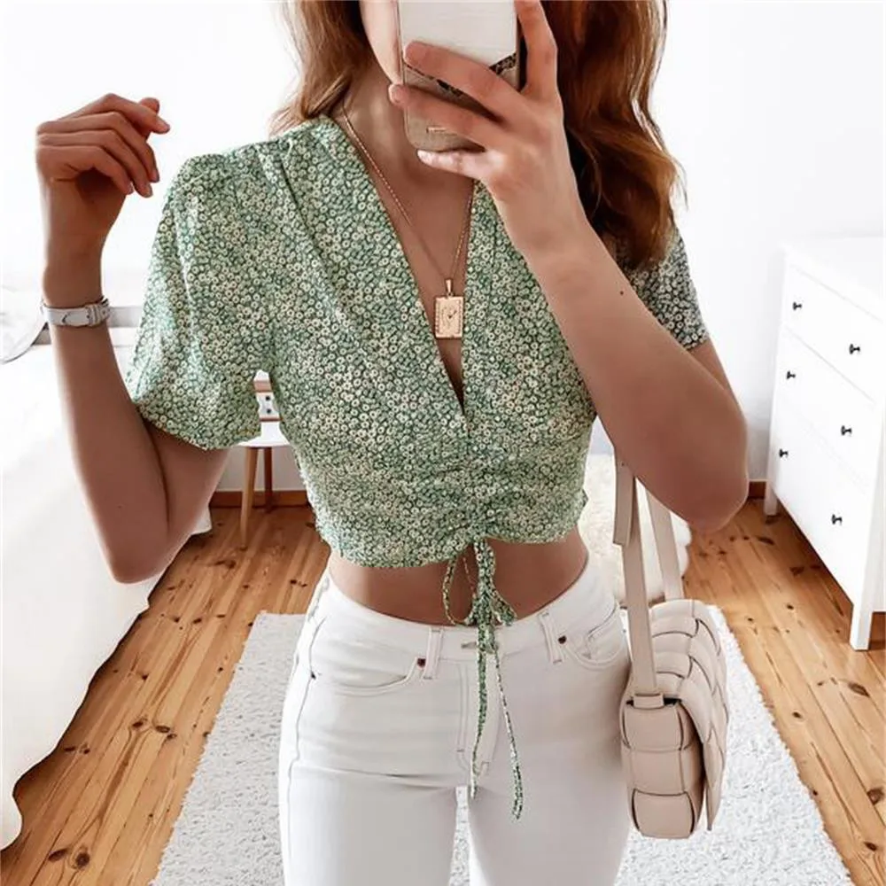 

2021 Women Summer Floral Drawstring Top Sexy Deep V Neck Short Sleeve Corp Top Blouse Lady Fashion Pullover Shirts Femme Blusas