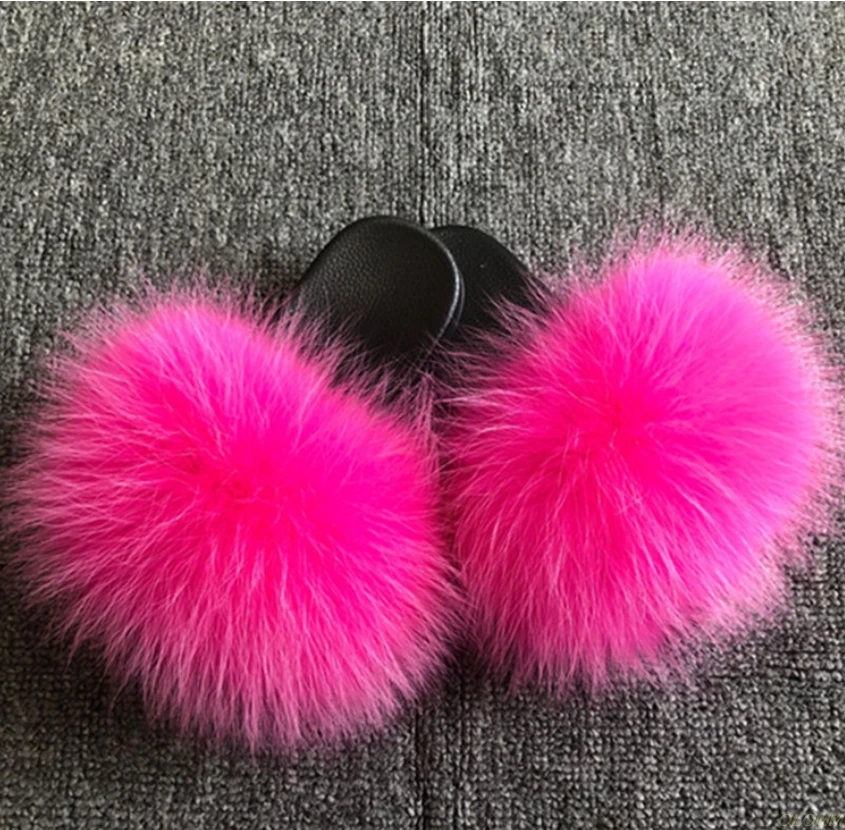 

Children Fur Slippers Kids Fur Slides Real Fox Slippers Fluffy Raccoon Sandals Flat Indoor Slippers Cute Baby Girls Plush Shoes