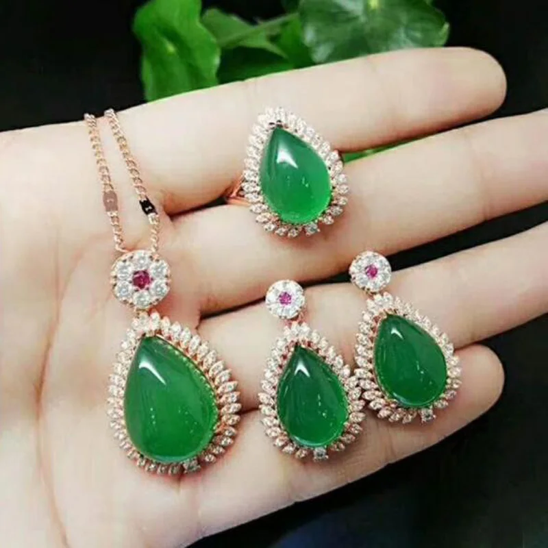 

LETSFUN Fine Jewelry Green Jade Jewelry Ring of Necklace Earrings Ring 925 Silver Three Chalcedony Women Jewelry Suit Craft Gift