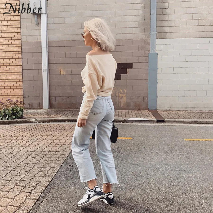 Nibber/осенне-зимний Однотонный свитер Harajuku на одно плечо, женская рубашка, элегантный вязаный топ с длинными рукавами, mujer, свитер с открытыми плечами