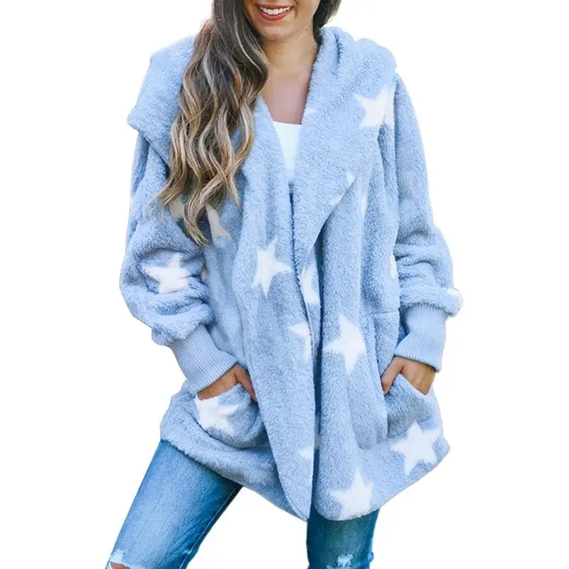 

Женский флисовый вязаный кардиган, элегантный теплый мягкий свитер с длинным рукавом и принтом звезд, Осень-зима