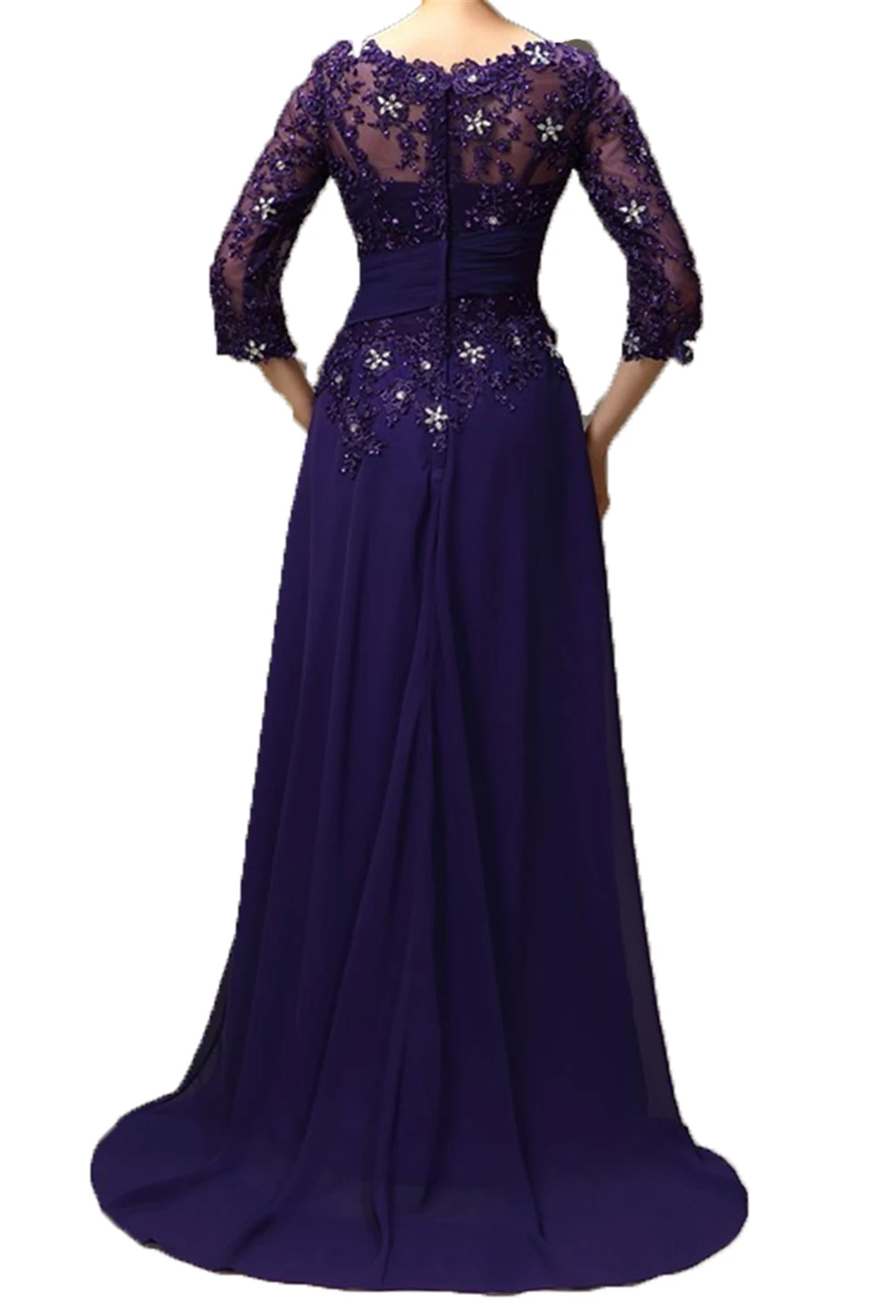 

Purple long Mother Of The Bride Dresses plus size A-line 3/4 Sleeves Chiffon Pearls Lace Beaded Long Elegant Groom Mother Dress