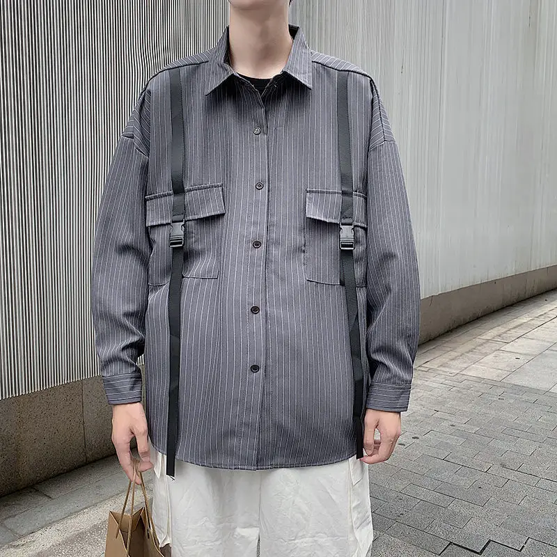 

Spring Striped Shirt Men's Fashion Casual Pocket Shirt Men Streetwear Korean Loose Tooling Long Sleeve Shirts Mens M-2XL
