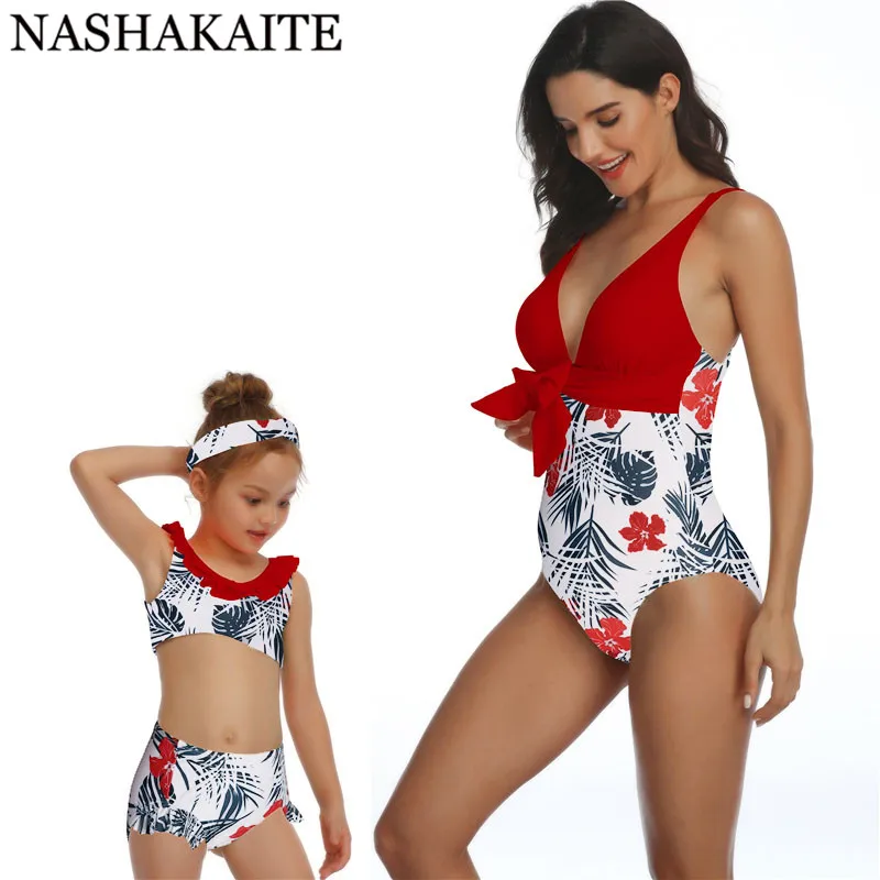 NASHAKAITE/купальный костюм для мамы и дочки; летний купальный костюм с глубоким v-образным вырезом на талии и бантом; одинаковый купальник для мамы и дочки