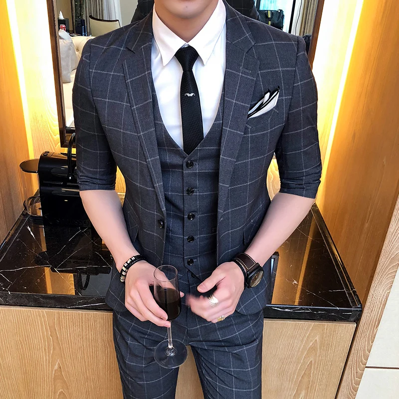( Jacket + Vest Pants ) Mens Fashion Boutique Plaid Formal Business Suit 3 Piece / Groom Wedding Dress Half Sleeve Suits | Мужская