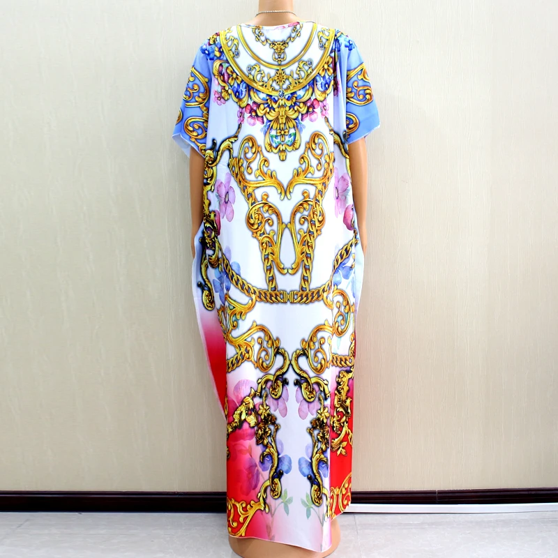 

2019 New Style Flowered Gold Ornaments Print African Dresses For Women Half Sleeve Red and Blue Background Loose Dress