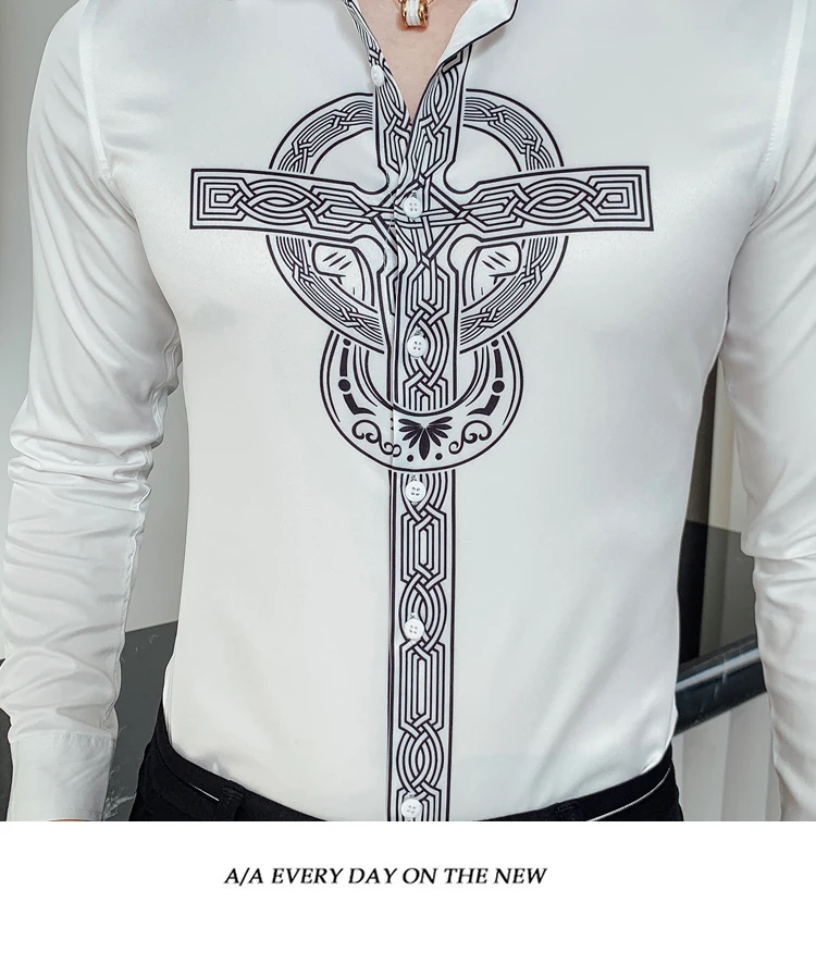 Camisa Homem Prom Camisa Masculina, осенняя рубашка с цветочным принтом, рубашка с принтом в виде креста, мужская рубашка с длинными рукавами, DJ Singer