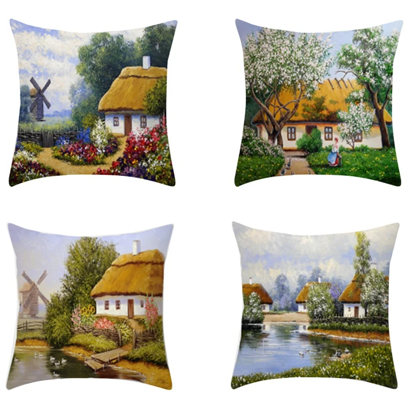 

Printing Painting Pillowcase American Country Landscape Flower Cushion Cover Vintage Sofa Chair Home Decor