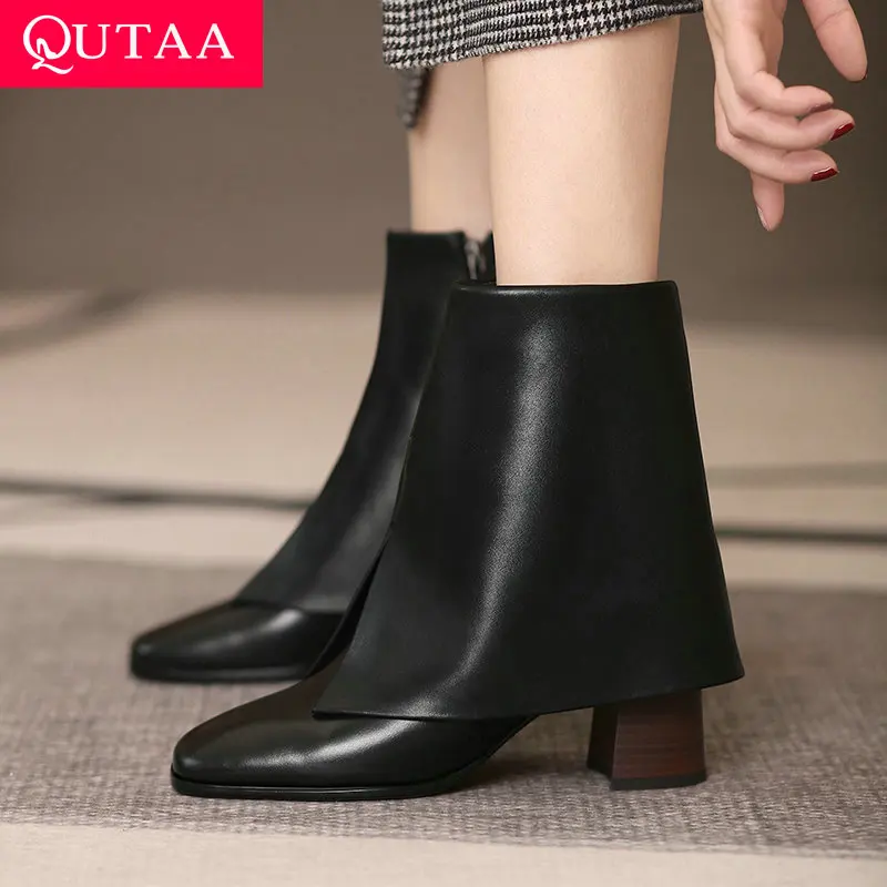 

QUTAA 2022 Autumn Winter Ankle Boots Round Toe Genuine Leather Women Shoes Square Heel Zipper Fashion Short Boots Size 34-43