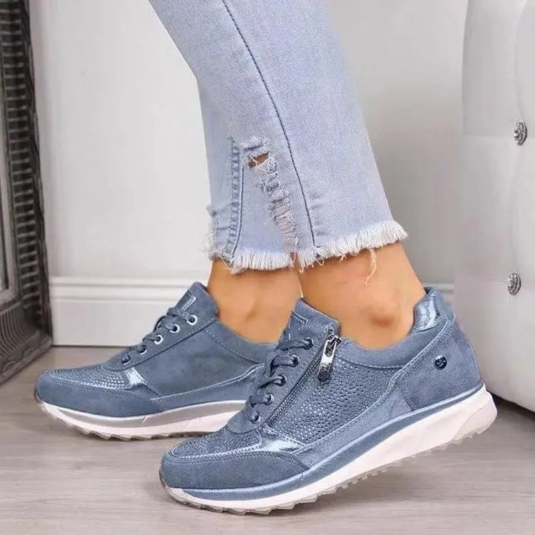 

Women Casual Shoes New Fashion rhinestone Wedge Flat Shoes Zipper Lace Up Comfortable Ladies Sneakers Female Vulcanized Shoes