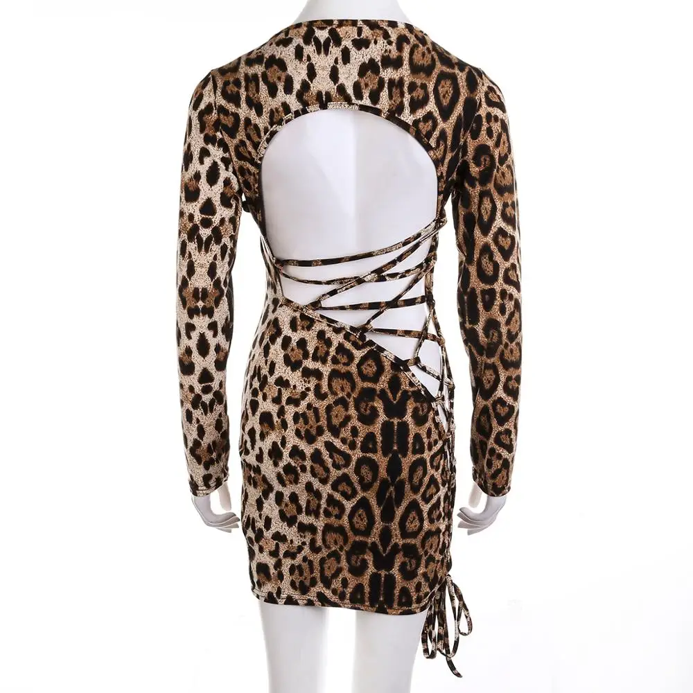 Женское сексуальное леопардовое мини платье Meihuida с длинным рукавом круглым
