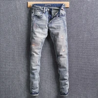 european street fashion men jeans retro blue embroidery designer slim fit ripped jeans men vintage casual cotton denim pants