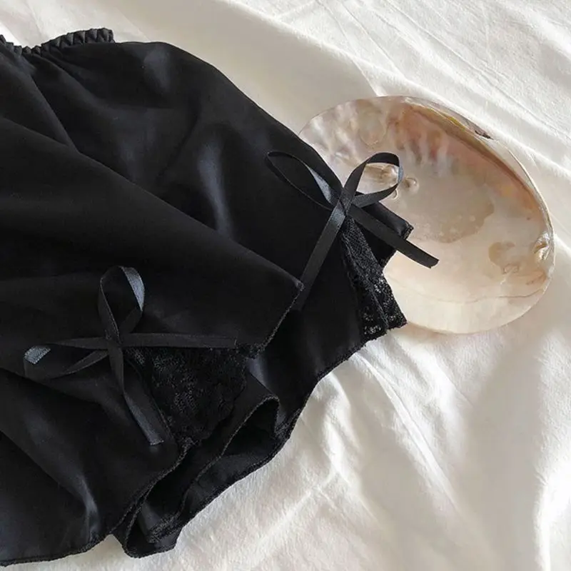 Women Imitation Silk Loose Sleep Lounge Slip Bloomer Pants Floral Lace Trim Solid Color Pettipants Split Skirt | Женская одежда