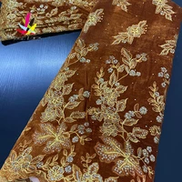 velvet fabric with embroidery lace orange elegant beautiful flower african nigerian french latest designs high quality for dress