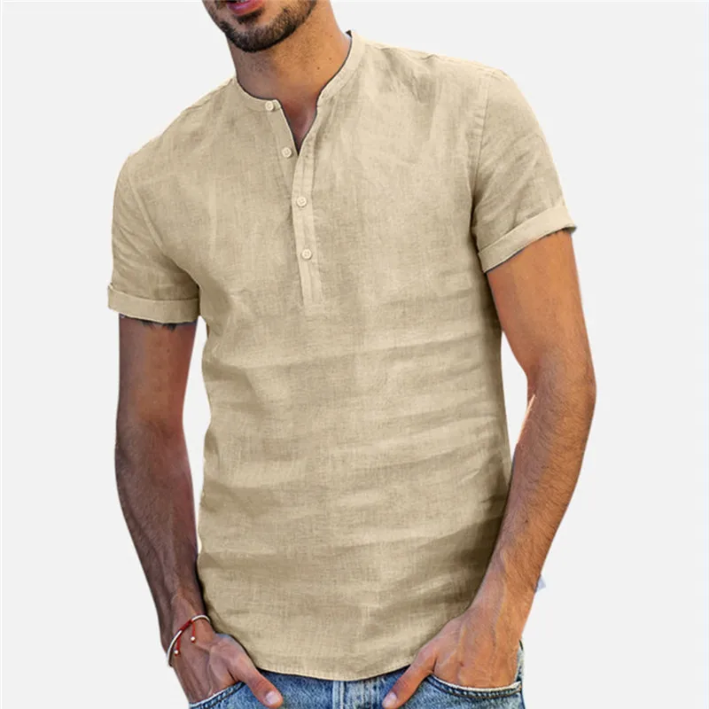 Lino de camisas de manga corta para hombre, camisas informales holgadas y transpirables, ajustadas, de algodón sólido, 2022