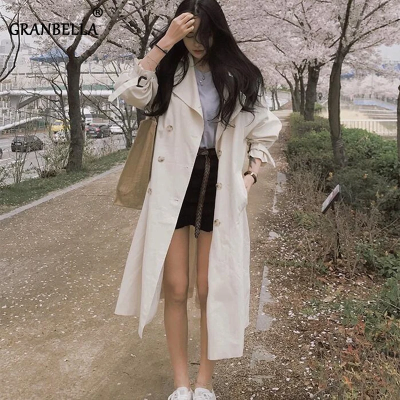 

popular creamy white women's trench coat Korean loose double breasted windbreaker for women chic overcoat with belt