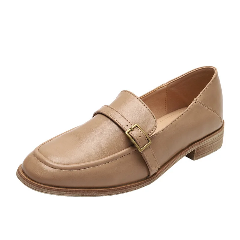 British Leather Shoes for Women Hot Slip on Wood Heels Loafers Square Toe Buckle Band Flats Woman Preppy Girls Oxfords