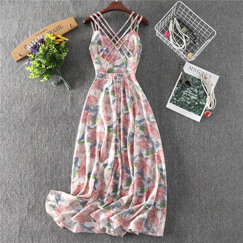 Женское летнее платье с цветочным принтом сексуальное длинное V образным вырезом