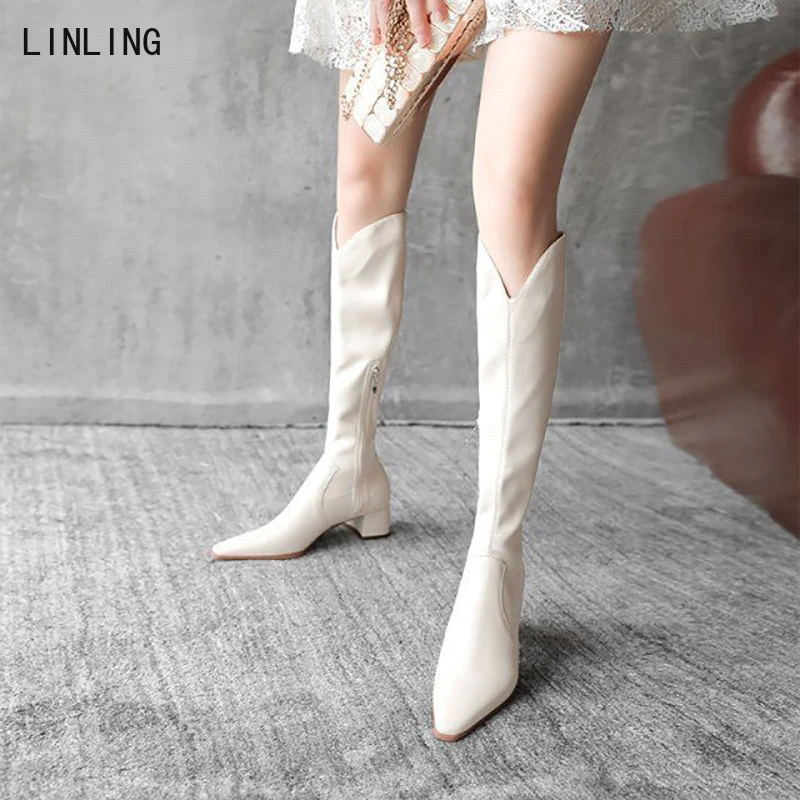 

Женские высокие сапоги на молнии, черные или белые сапоги до колена на толстом каблуке, на молнии, зимний сезон 2021