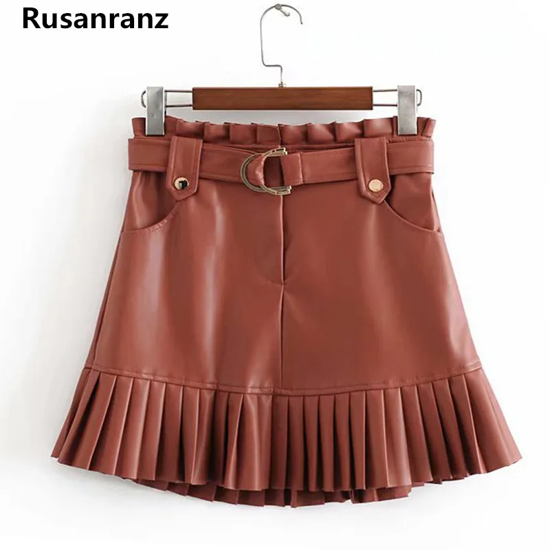 

New Waist Pockets Skirts Fashion Small Pleated PU Leather Women Skirt Elegant Mini Skirts Female Ladies