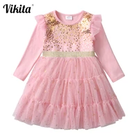 vikita kids dress for girl cake layered mesh tulle princess dress children casual clothing wedding party gown sequins costumes