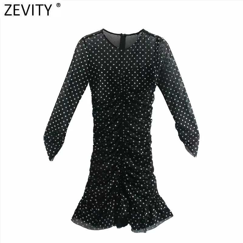 

Zevity 2021 женское сексуальное облегающее Плиссированное Сетчатое платье в горошек с блестками, женское шикарное платье с рукавом три четверти...