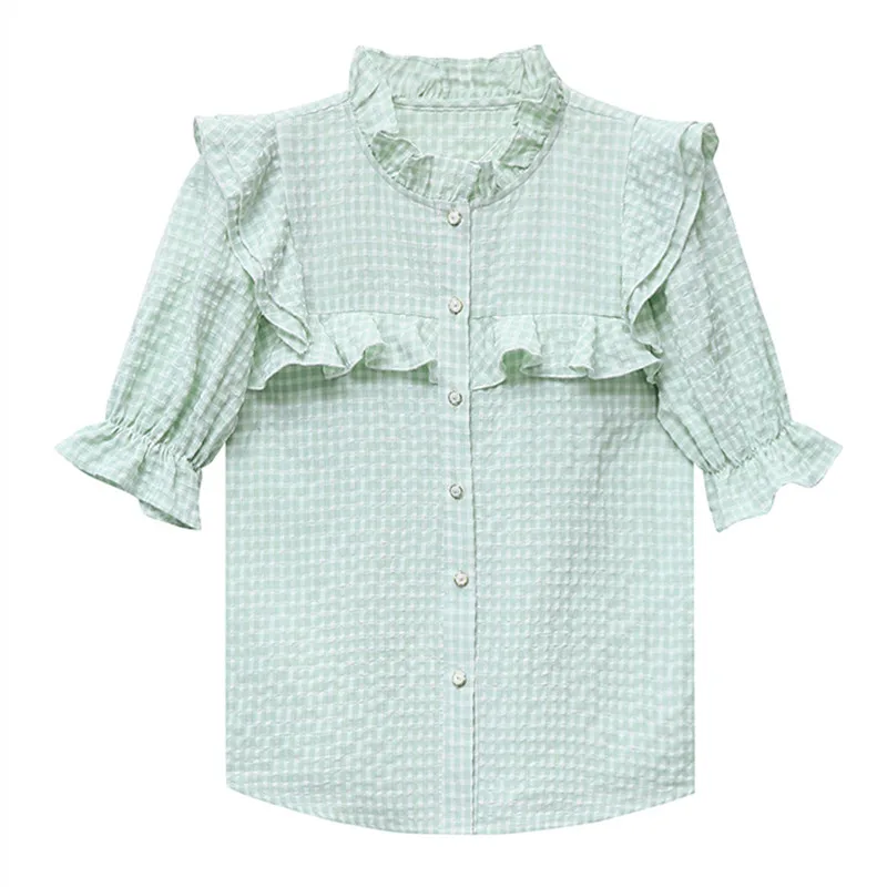 

POUNGDUDU 2021 Summer Women's Plaid Shirt Female Tops For Women's Blouse Fresh Sweet Fungus Gentle Ruffle Sleeves Office Lady