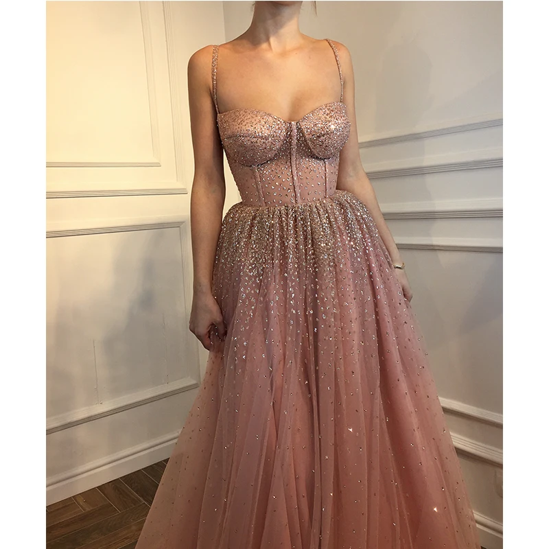 Full Crystals Pink Prom Dresses Beads Sheer Neck Long Sleeves Evening Gowns Women Party Dresses Custom Made Real Picture