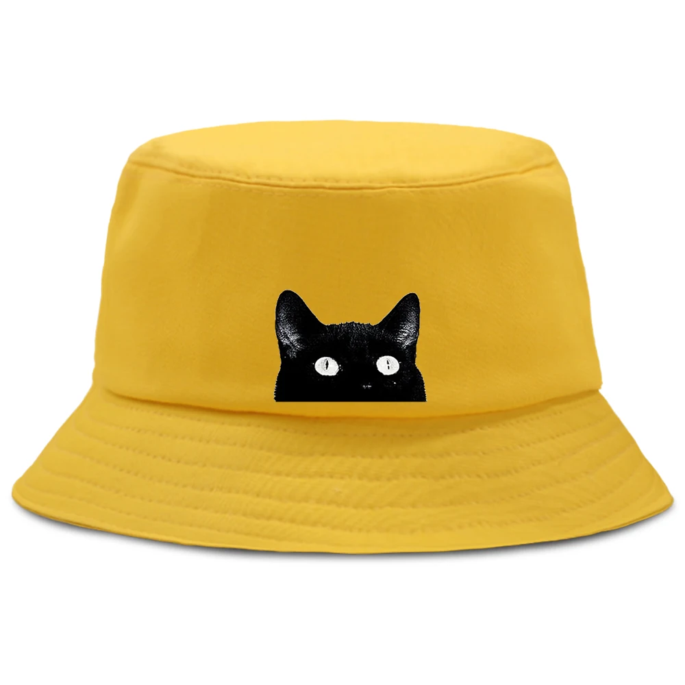 Big Eyes Cat Black Cartoon Printing Fashion Men'S Bucket Hat Unisex Harajuku Men Fishman Cap Casual Fishing Bob Hats For Women