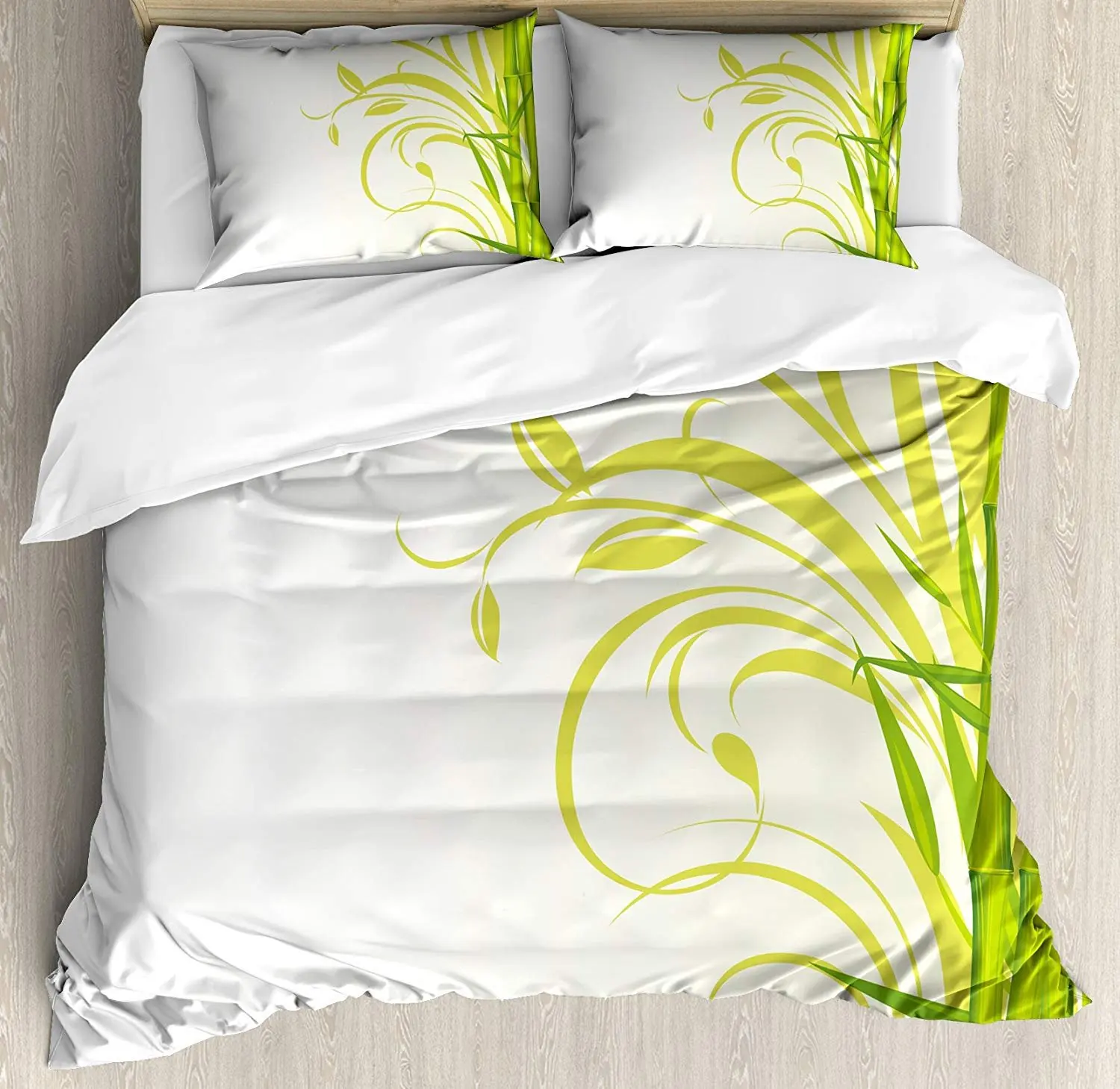 

Green Bedding Set Bamboo with Artistic Floral Curly Leaves Asian Feng Shui Zen Garden Duvet Cover Set Pillowcase for Home
