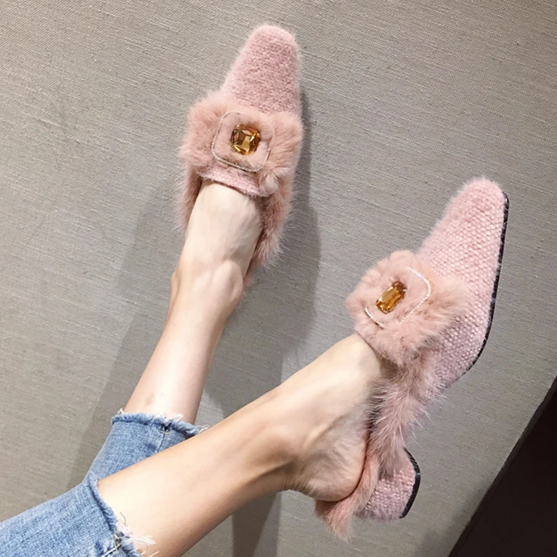 Pink Fur Shoes Women Heels Slippers Unicorn Rhinestone Decoration Female Winter Mules Block Heel Slides Plush Chic Gothic Style | Обувь