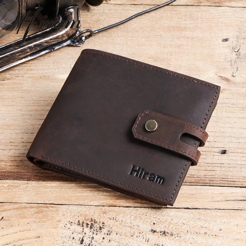 

Hiram genuine crazy horse leather vintage short wallet men small card holder wallet for men hasp male coin purses carteiras