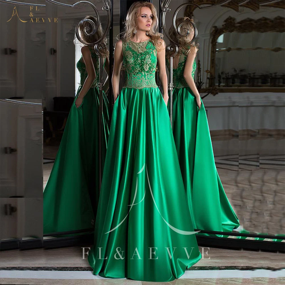 

Classic Green Satin A-Line Evening Dresses Gold Appliques Sleeveless Formal Dress Women Occasion Gowns Abendkleider Plus Size