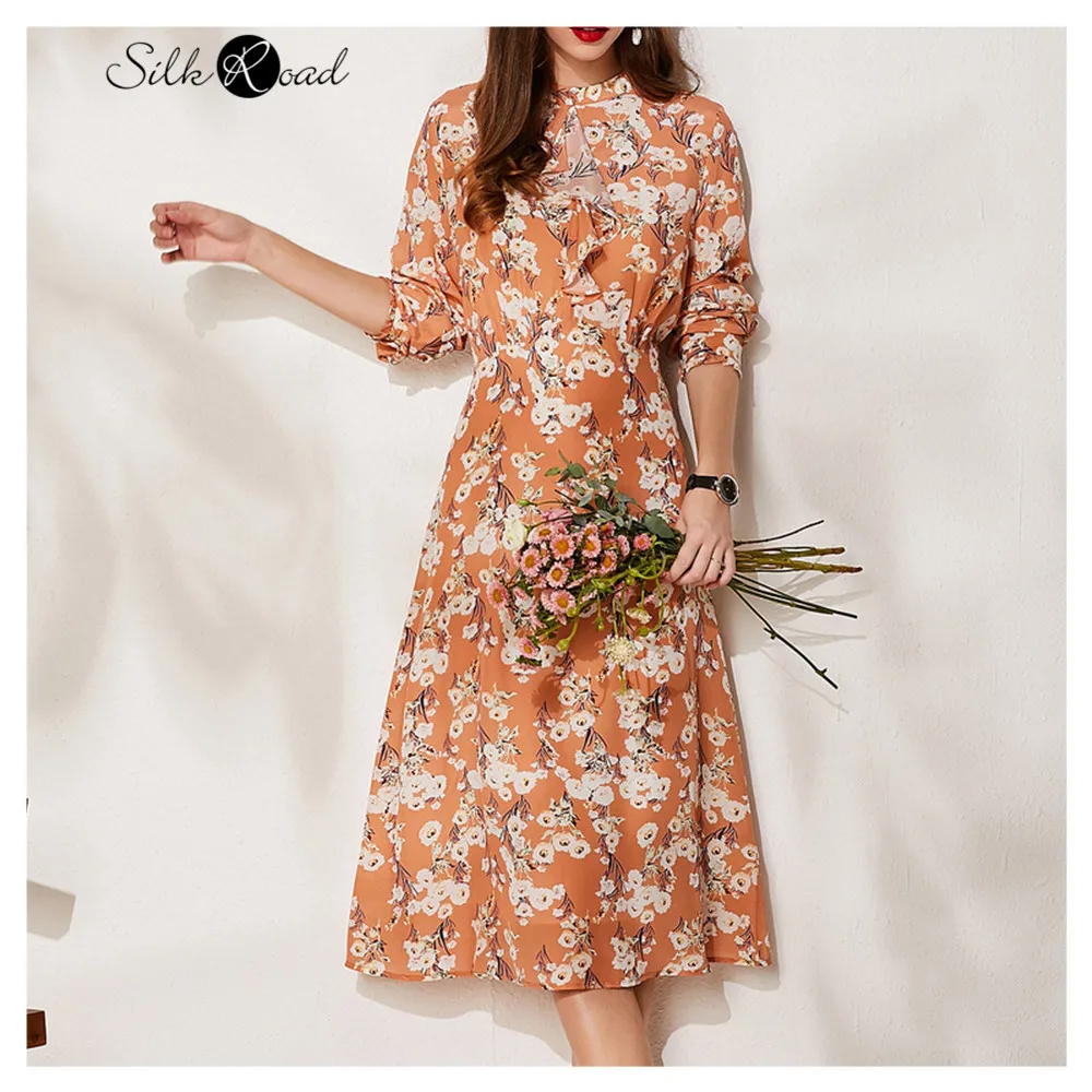 

Silviye Floral silk dress mulberry silk young lady temperament Print Long Sleeve A-line shirt dress