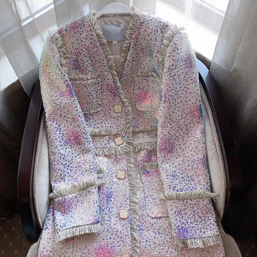 

French style vintage small fragrance tweed dress women v-neck slim tassel elegant single breasted party dress