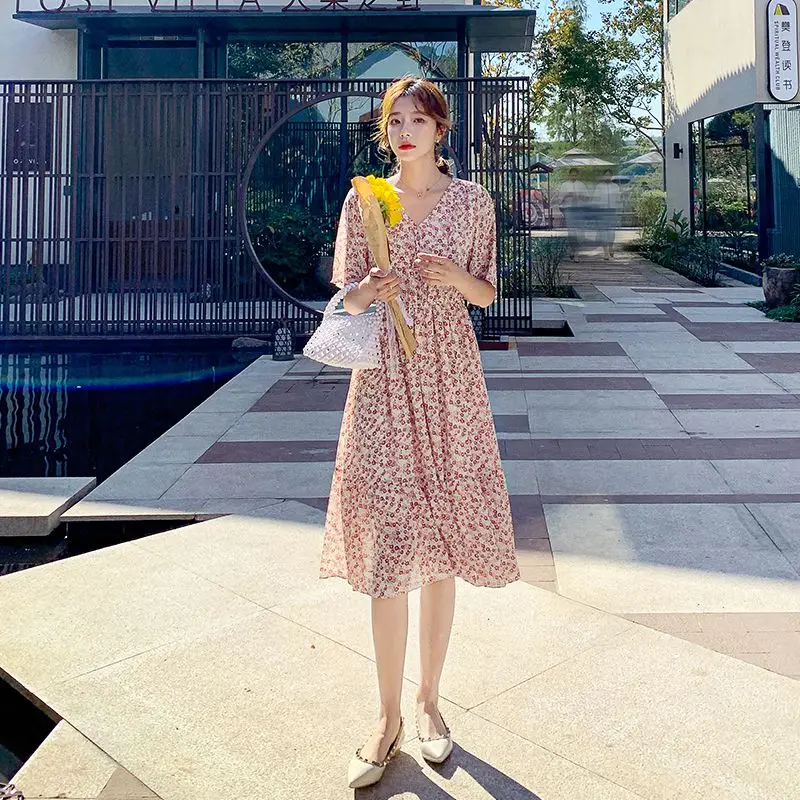 

COIGARSAM Chiffon Women dress Summer Print High Waist Dresses Floral 9281