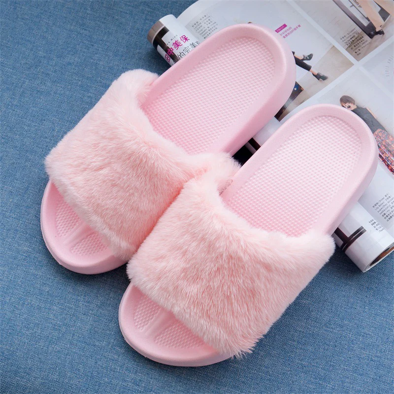 

Women Fur Slippers Spring Non-slip Fluffy Slide Sandals Beach Slides Flip Flops LightWeight Eva Outdoor Women Girls Furry Shoes