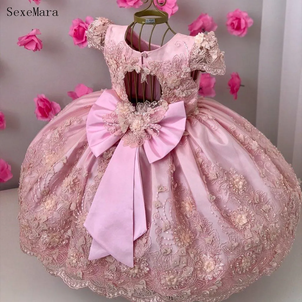 Princess Pink Lace Flower Girl Dresses Cap Sleeve O Neck Girls Formal Wear Birthday Gowns Pageant Dress Big Bow