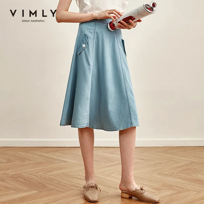 Летняя элегантная джинсовая юбка Vimly 2020 офисная дамская однотонная свободная