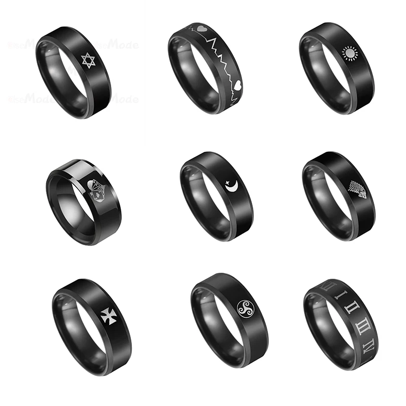 

Akizoom 8mm Vintage Punk Black Mark Ring For Men Stainless Steel Band Rings Set Male Fashion Charm Jewelry Party Gift Anillos