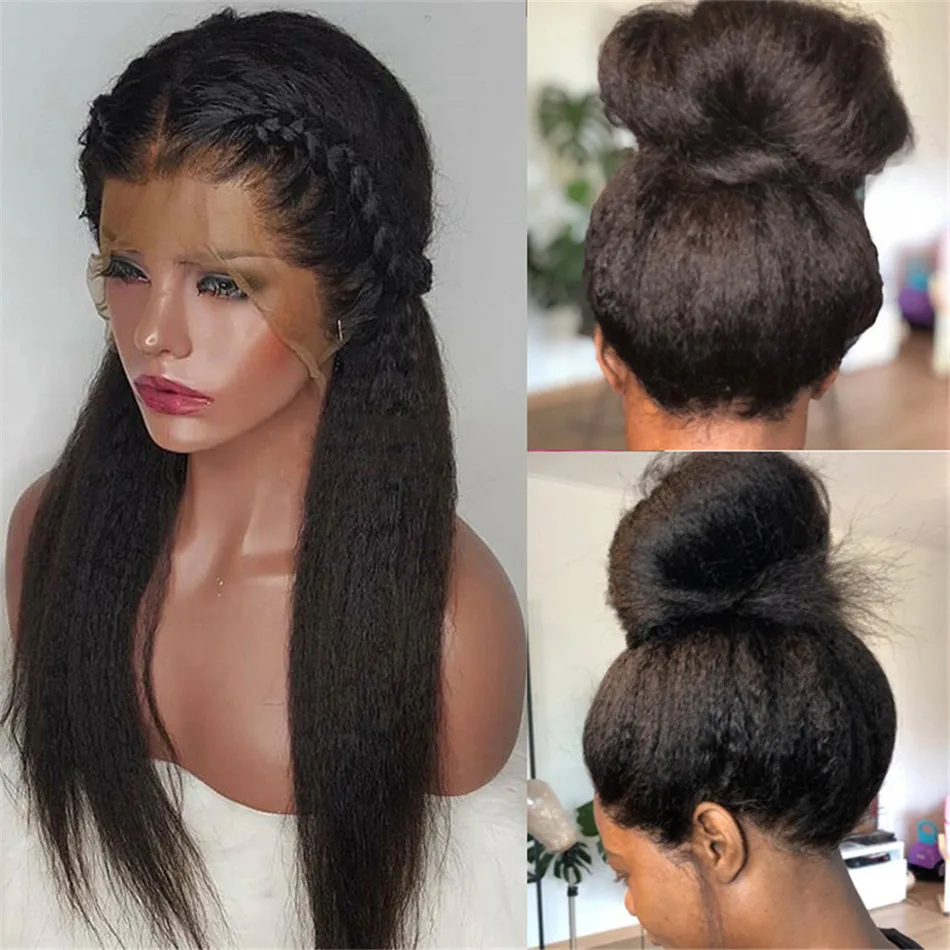 Yaki lisse 13*4 перруке кружево спереди cheveux humain для femme noire 150% де densite Bresilien предварительно plume perruque yaki remy