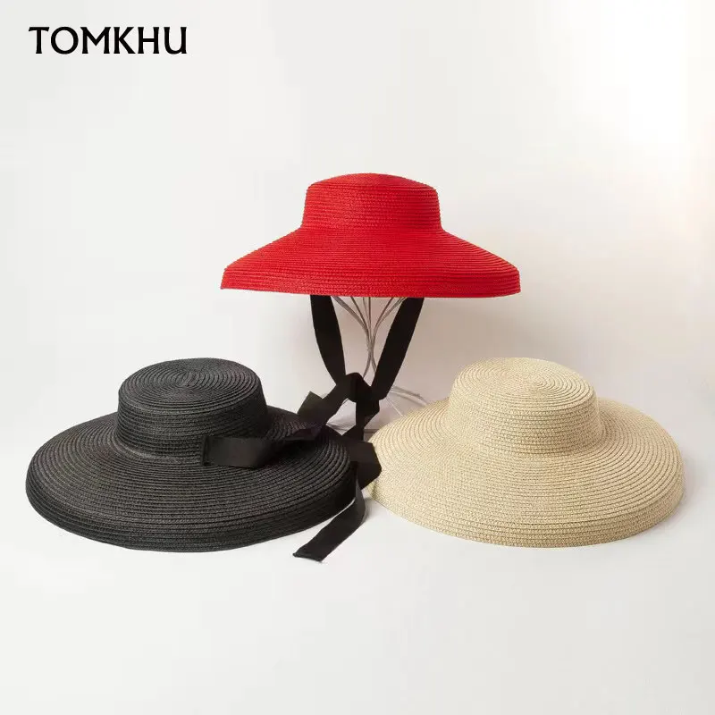

New Summer Flat Top Paper Straw Hat For Women Wide Brim Ladies Fedora Hat Beach Sunscreen Lace-up Catwalk Fashion Designer Hats