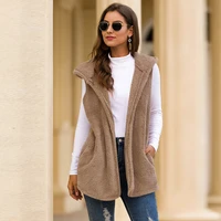 spring fall new womens fashion casual vest coat female long solid color hooded plush jacket lady loose cardigan sleeveless coat